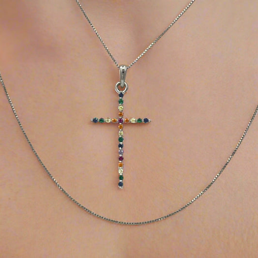 Sterling Silver Multicolor Cross Necklace