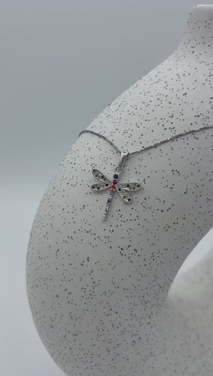 Dragon-fly Pendant Colorful Necklaces. Silvered gifted pendant. Sterling Silver Necklaces for Women.